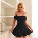 GOKATOSAU Women's Off Shoulder Folded Neck Tiered Ruffle Hem Bodycon Ruched Waist Mini Dress Black, S