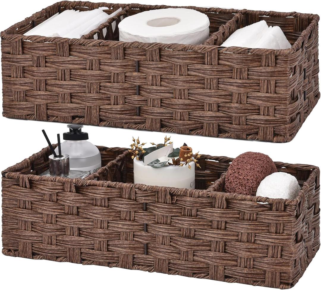 GRANNY SAYS Bathroom Baskets for Organizing, Wicker Baskets for Shelves, Toilet Storage Basket with Dividers, Small Basket for Organizing, Brown, 2-Pack