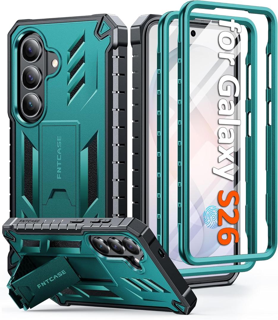 FNTCASE for Samsung Galaxy S26 Case: With Built-in Screen Protector & Kickstand 2 Front Frames Military-Grade Drop Protection Heavy Duty Shockproof Rugged Case Full Body Protective Cover Green