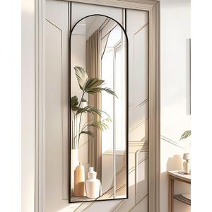 Door Mirror, Full Length Over The Door, 14"x 48" Hanging, Arched, Vertical, Wall, Full Body, Black (48"L x 14"W)