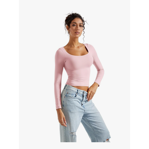 SUUKSESS Women Double Lined Fitted Basic T Shirts Scoop Neck Long Sleeve Crop Top XS