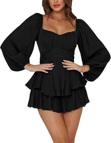 LYANER Women's Jumpsuit Lantern Long Sleeve Ruffle Layer Tie Mini Short Romper, Size XL