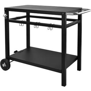 Elevon Dining Cart Table with Double-Shelf, Movable Steel Flattop Worktable, Hooks, Side Handle, Multifunctional