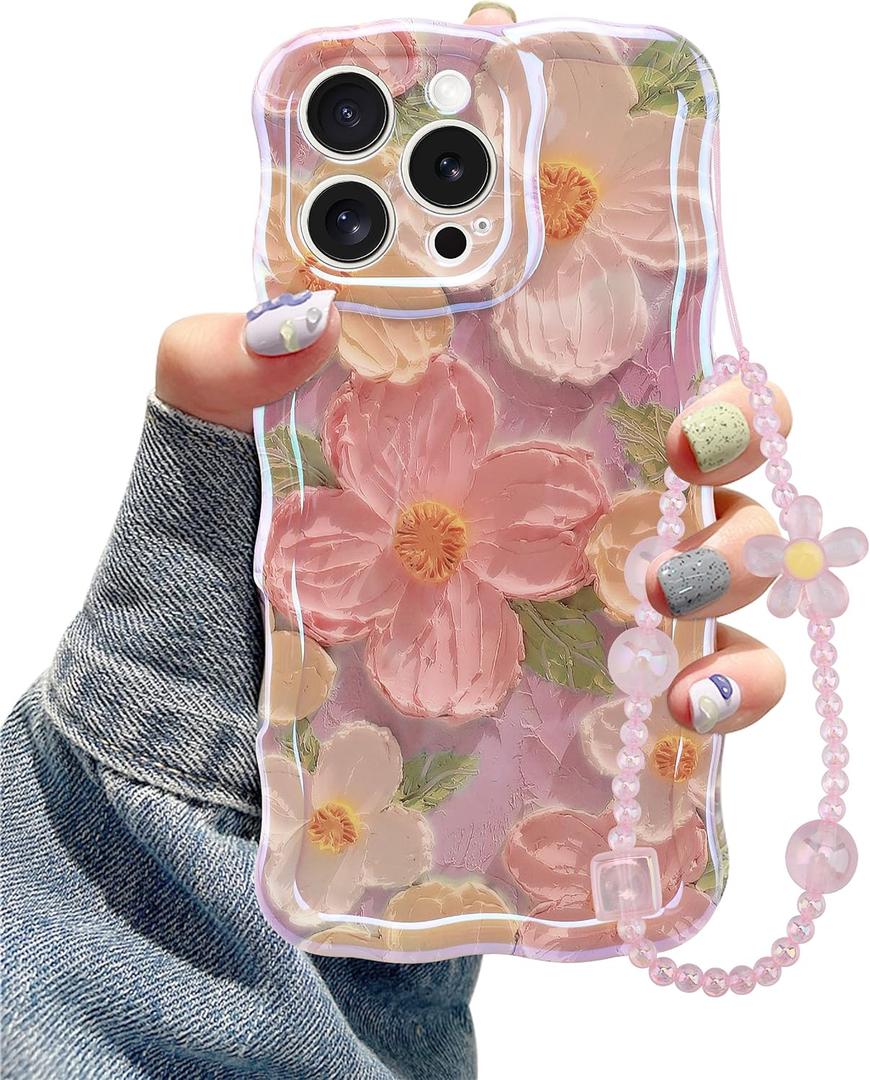 Jusy Oil Painting Flower Compatible with iPhone 16 Pro Max Case, with Bracelet Chain, Colorful Retro Floral Cute Curly Wave Frame Women Girls-Pink