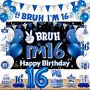 DARUNAXY 16th Birthday Party Decorations for Boys Girls, Blue Bruh I’m 16 Banner, 16 Number Balloons & Cake Topper, Sweet 16 Years Old Birthday Honeycomb Hanging Swirls Party Supplies