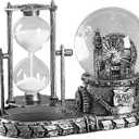 LED Music Snow Globe with Hourglass Vintage Castle Paris Eiffel Tower Home Decoration for Living Room Bedroom Book Shelf TV Cabinet Desk Table Top Decor Centerpieces Ornaments (A - Brass)