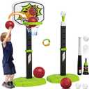 3-in-1 Toddler & Kids Basketball Hoop & T-Ball Set with Automatic Pitching - Adjustable Height, Indoor/Outdoor Sports Toys for Ages 2 3 4 5 6, Birthday (Green)
