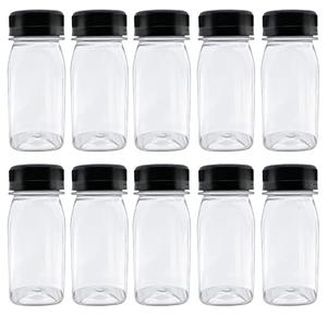 MYYZMY 10 Pcs 4 Ounce Plastic Juice Bottles, Reusable Bulk Beverage Containers for Juice, Milk and Other Beverages, Black lid