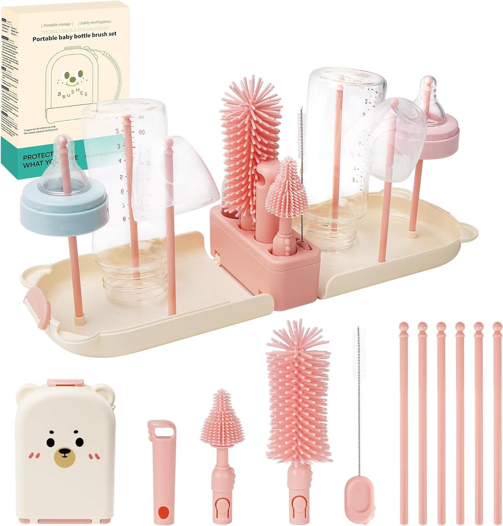 Bottle Cleaner Brush Set, 7 in 1 Bottle Brush Cleaner Baby, Home and Travel Bottle Brush Set Contain Bottle Brush, Nipple Brush, Straw Brush, Storage Box, Soap Dispenser, Bottle Drying Rack (Pink)