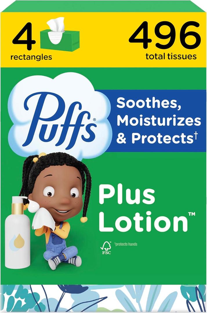 Puffs Facial Tissues Plus Lotion, 4 Family Boxes, 124 Facial Tissues per Box, Allergies and Colds 