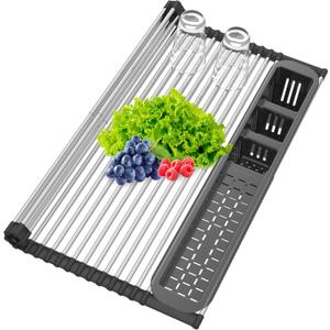 Extra Large Black Expandable Roll Up Dish Drying Rack,Over The Sink Kitchen Rolling up Dish Drainer, for Kitchen Sink CounterFoldable Sink Cover with Removable Utensil Holder(Expandable Width Size)