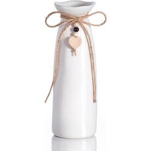 8 Inch Ceramic Vase with Jute Rope & Heart Charm, Elegant White Decorative Vase for Home Dcor & Table Centerpieces
