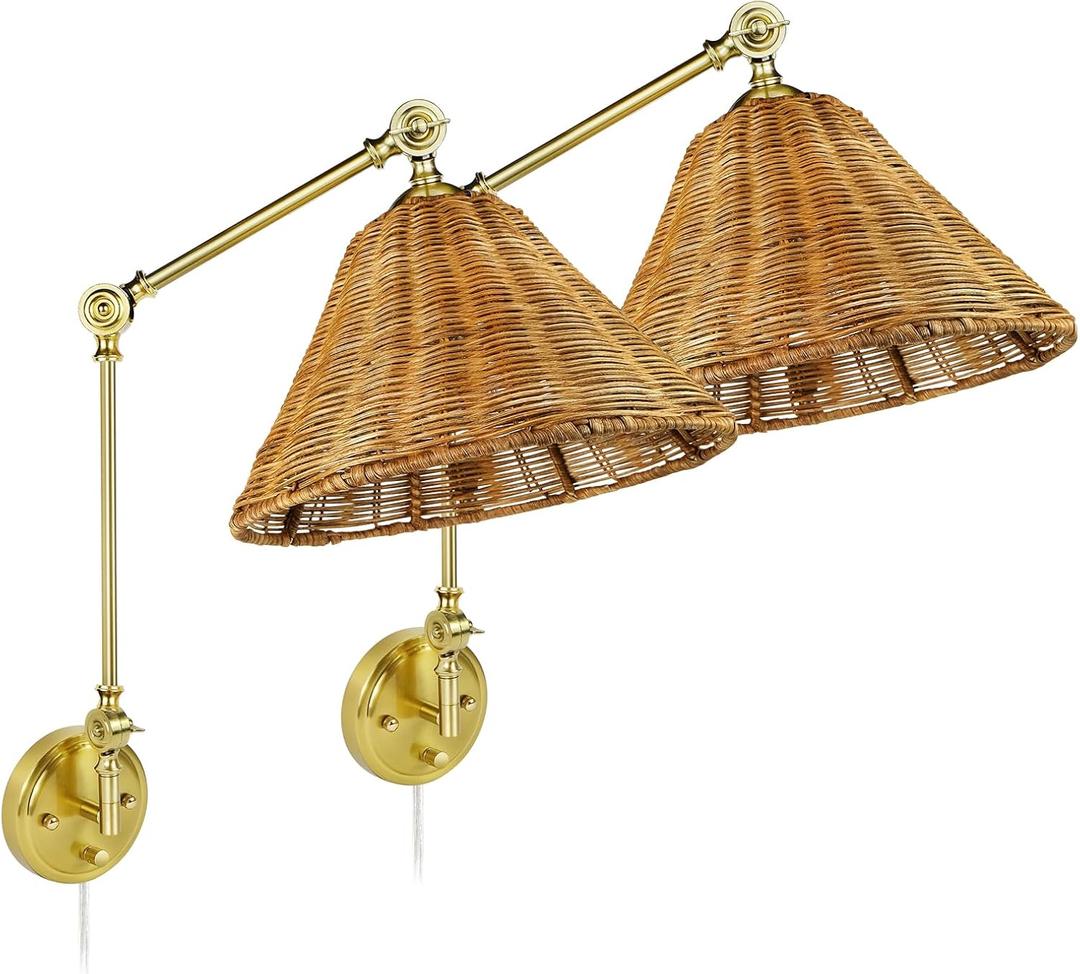 Gold Hand Woven Rattan Wall Sconces Adjustable Swing Arm Wall Mount Light Fixture Beside Lighting for Bedroom, Living Room (Bulbs NOT Included, 2 Pack
