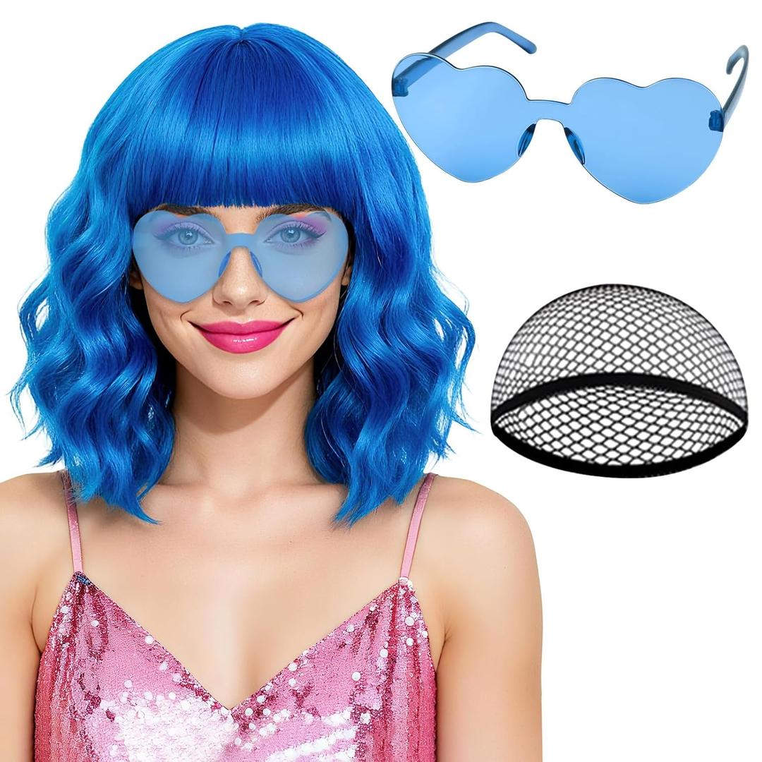 PLULON Blue Wavy Bob Wigs with Bangs Heart Sunglasses Hair Cap for Women, Colored Synthetic Hair Short Bob Loose Curly Shoulder Length Wigs for Costume Bachelorette Party Music Festival
