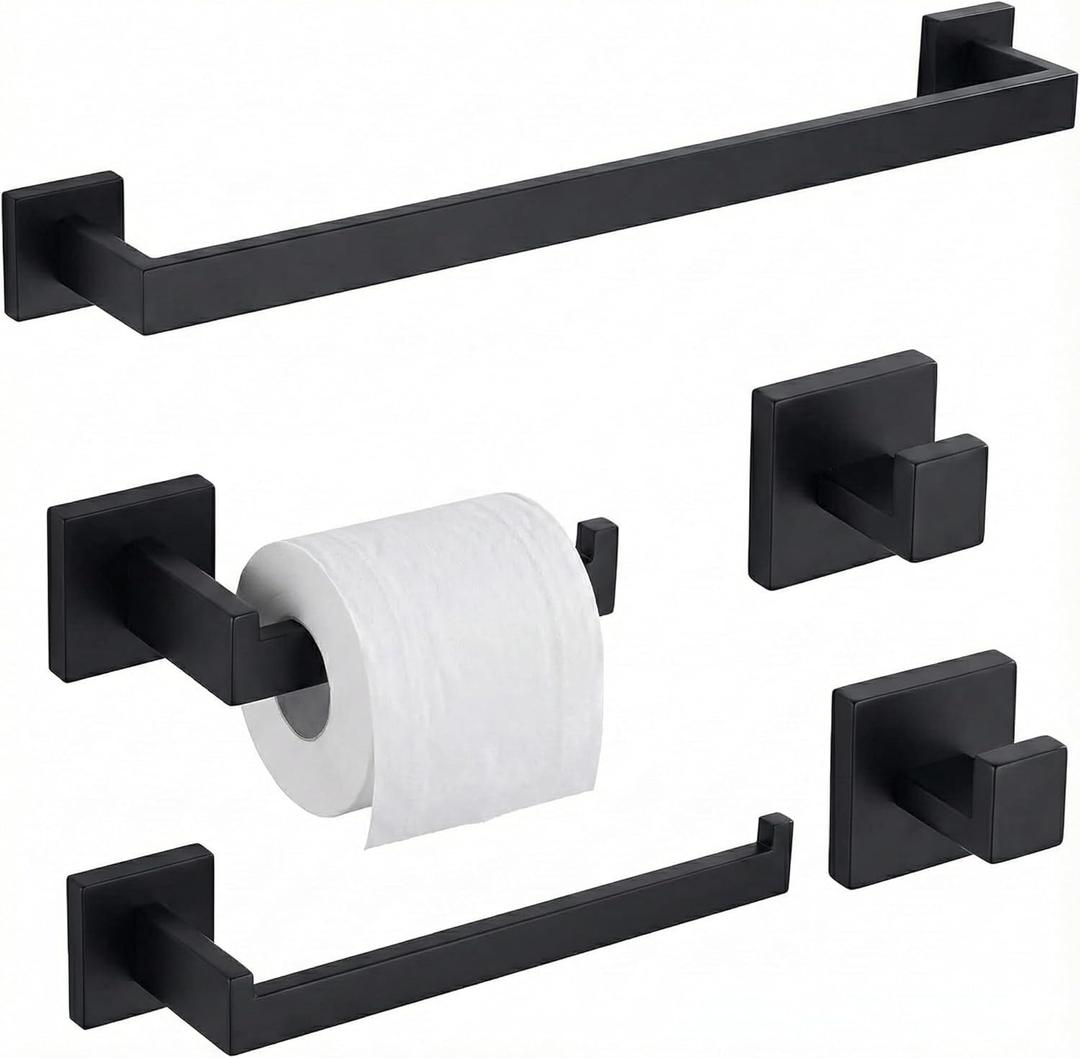 5 Piece Bathroom Hardware Set Matte Black, SUS304 Stainless Steel Towel Bar Set, Modern Square Accessories with 16 Inch Rack Toilet Paper Holder Robe Hooks (Matte Black)