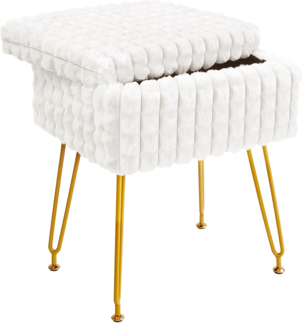 Vanity Stool Chair with Storage, Faux Fur Vanity StoolModern Soft Footrest Footstool Ottoman with Metal Legs, Multifunctional Anti-Slip Feet Fur Stool for Makeup Room, Bedrooml, White