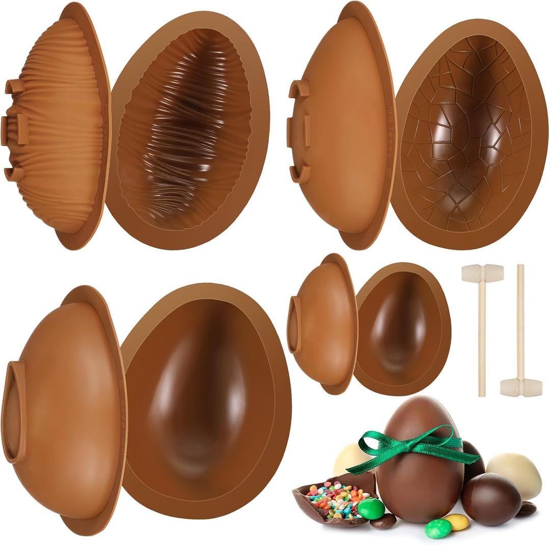 RoundFunny 8 Pcs Easter Egg Molds with 2 Pcs Wood Hammer 3D Breakable Silicone Chocolate Molds Non Stick DIY Easter Egg Mold for Party Candy Mousse Cake Dessert Baking Basket Gift Decorations