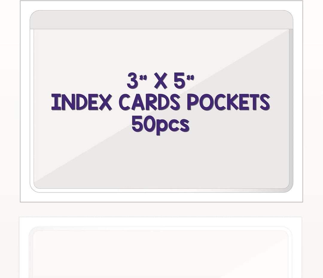 Clear Adhesive 3" x 5" Index Card Pockets With Top Open Loading, 50 Pack, Plastic Labels Holders for Storage Bins and Library, Ideal for Organizing and Protecting Your Cards
