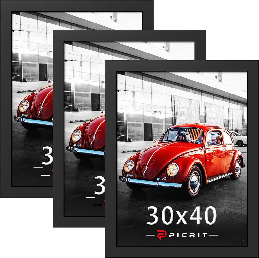 Picrit 30x40 Picture Frame 3 Pack, Black Poster Frame, Display Poster 24 x 36 with Mat or 30 x 40 without Mat for Horizontal or Vertical Wall Mounting