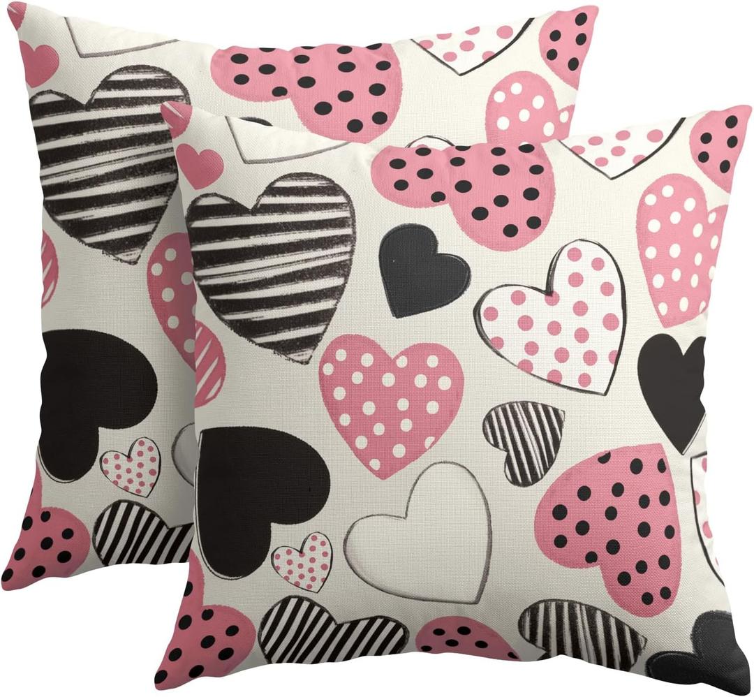 Kawani Valentines Day Pillow Covers 18x18 Inch Black and Pink Heart Outdoor Decorative Throw Pillow Covers Set of 2 Valentine's Day Pillowcases Farmhouse Cushion Covers for Couch Sofa Decor