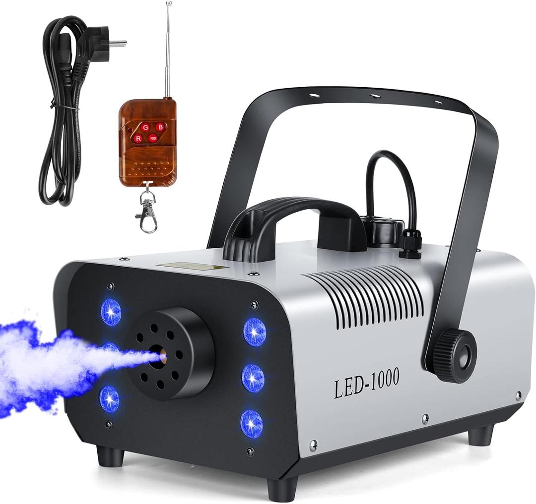 1000W Fog Machine with DMX Function, Wireless Remote Control Smoke & Haze Machine with 6 LED RGB Light for Atmosphere, Theatrical, Halloween, Party, Stage Effects, and Wedding (L)