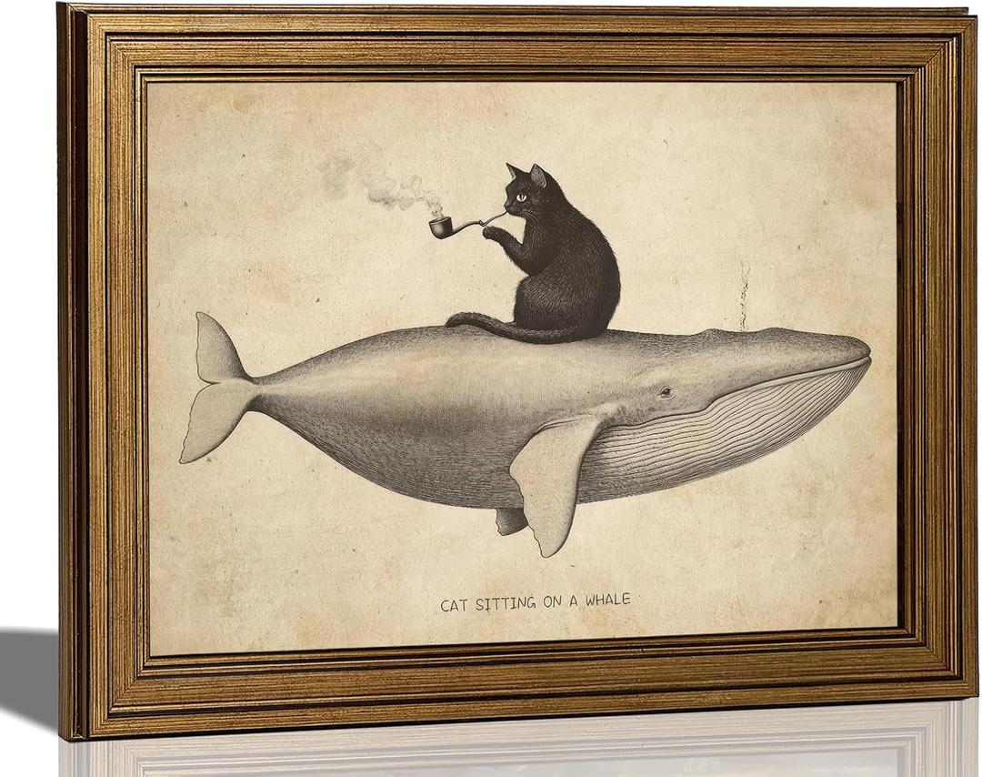 Vintage Gold Framed Funny Black Cat Canvas Wall Art Retro Maximalist Painting Picture Whale Wall Decor Abstract Poster Print Artwork for Bathroom Living Room Bedroom Home Decoration 9x11in