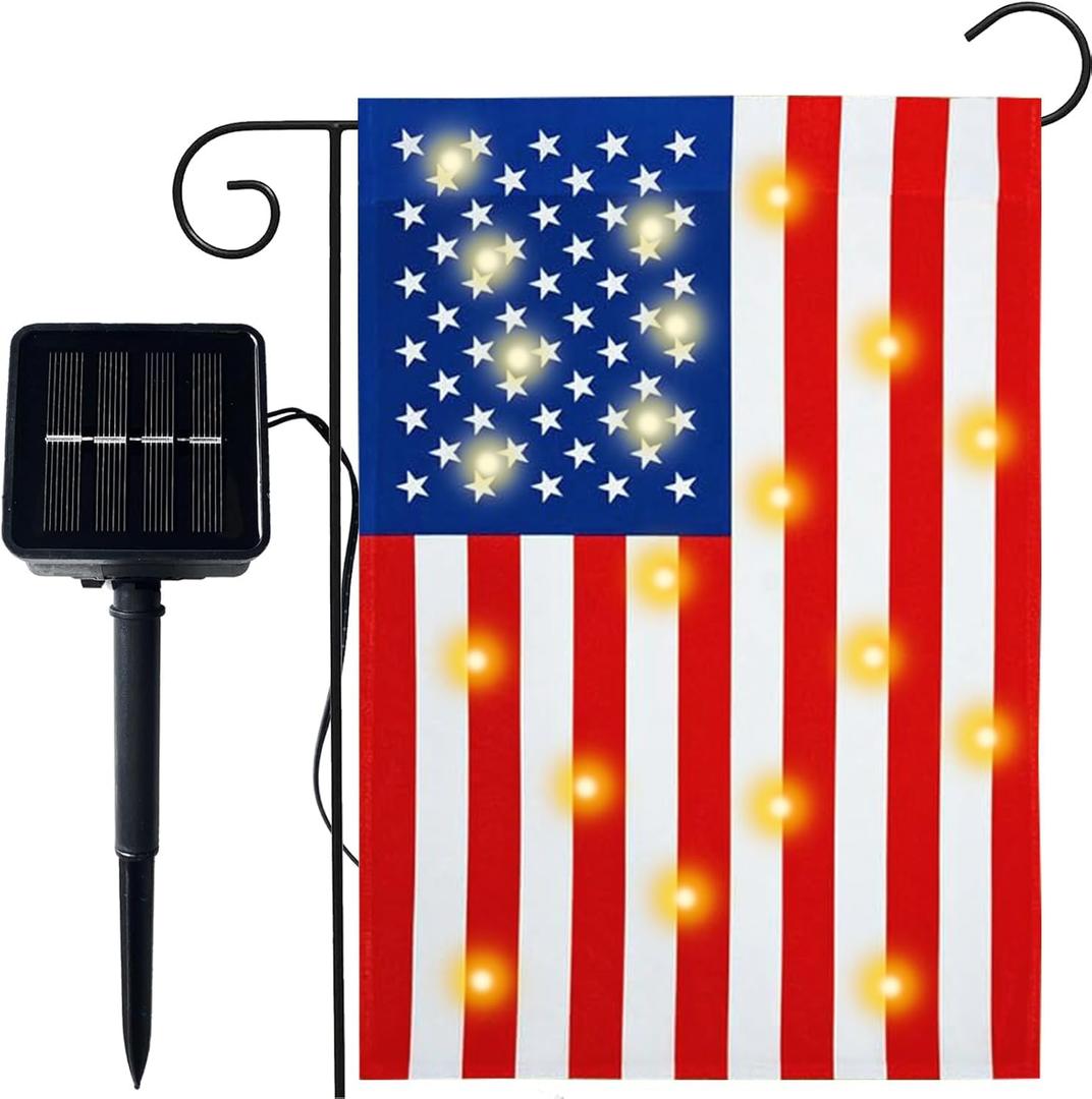 12 x 18 Double Sided American Garden Flag with Lights- Solar LED Burlap US Flag, Luminable Yard Garden Flag for Patio Lawn Outside Outdoor Decorative
