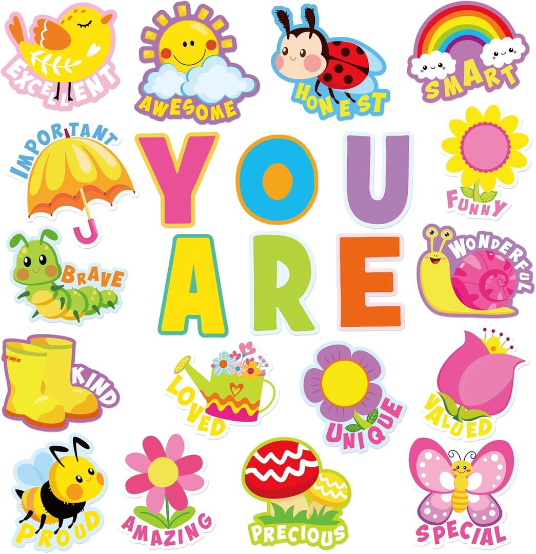 54Pcs Spring Cartoon Positive Cutouts Motivational Sayings Paper Cutting with 100Pcs Glue Points for Party Classroom Bulletin Board Craft Wall Decor