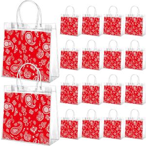 Resholder 24 Pcs Red Bandana Clear Gift Bags with Handles Western Cowboy Theme PVC Snack Treat Goodie Gift Bags for Cowboy Rodeo Birthday Party Western Party Supplies, 8 x 8 x 3.15 Inch