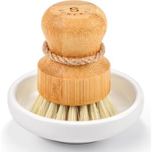 SUBEKYU Bamboo Dish Scrub Brush for Kitchen Sink, Natural Wooden Washing Dish Brush Scrubber with Sisal Bristles for Household Cleaning, Cast Iron Pots, Pans and Vegetables (Ceramics Base + Sisal Brush, 1p)