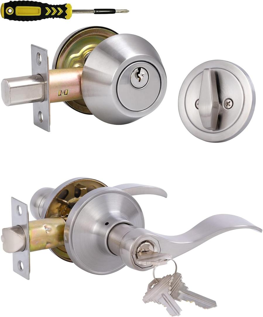 Keyed Alike Front Door Lever Lockset with Single Cylinder Deadbolt Combination Set, Exterior Door Knob with Lock and Deadbolt, Satin Nickel Finished Door Lock
