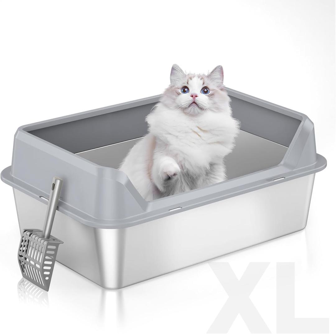 Stainless Steel Litter Box with High Sides,23.60" L X 15.7" W X 7.8" H,Extra Large Jumbo Cat Litter Box,XL Kitty Metal Litter Boxes for Indoor Big Cats,Non-Sticky,Anti-Leakage (Grey)