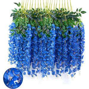24 Pack Royal Blue Wisteria Hanging Flowers Garland, 3.77 Feet Artificial Flower Vines, Fake Wisteria, Artificial Vines Hanging Garland for Backdrop Outdoor Yard Garden Decor