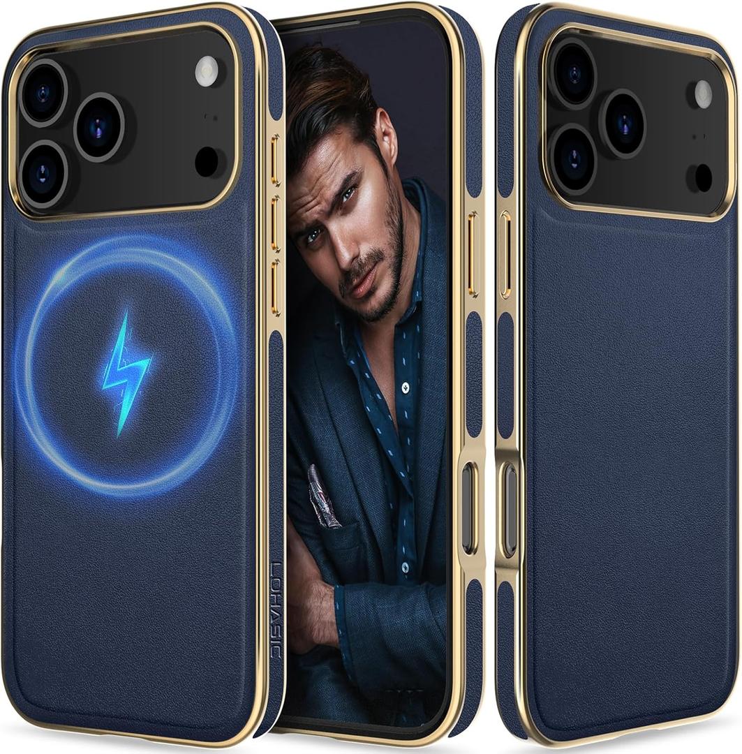 LOHASIC Magnetic Case for iPhone 17 Pro, 6.3 inch Luxury Leather Classic Business Cover with Soft Microfiber Lining Shockproof Cases Compatible with MagSafe, Navy Blue
