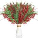 50 Pcs Red and Emerald Green Christmas Tree Picks and Sprays Xmas Tree Topper Glitter Pine Twigs Faux Glittery Branch Stems for Christmas Vase Wreath Decoration DIY Craft Supplies