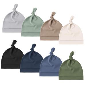 Konssy 8 Pack Baby Newborn Hats Set Knot Beanie Hats Soft for Infant Baby Girls Boys Caps 0-6 Months (Grey,green,clay,beige,black,navy Blue,dark Blue)