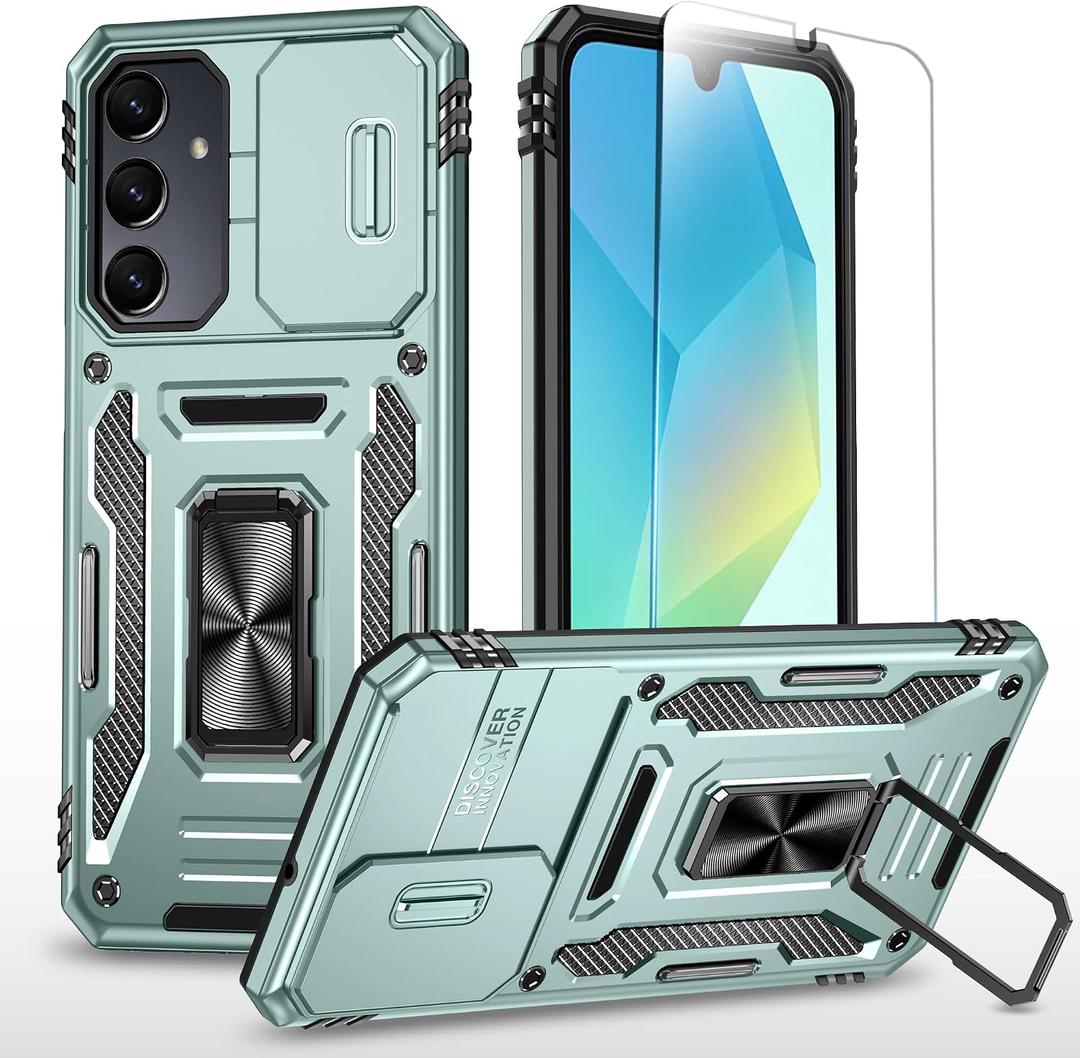 SunStory Compatible with Samsung Galaxy A17 5G Case with HD Screen Protector & Slide Camera Cover & Rotated Ring Kickstand,[Shockproof] Dual Layers Phone Case for Galaxy A17,Z_Green