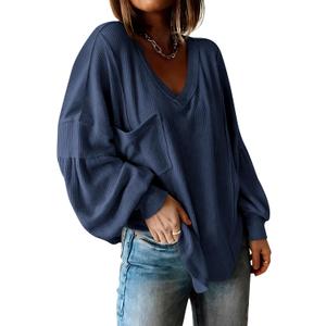 BTFBM Womens Fall Fashion 2026 Long Sleeve Shirts Casual V Neck Ribbed Knit Blouses Pullover Trendy Loose Fit Tunic Tops (Medium, Solid Blue)