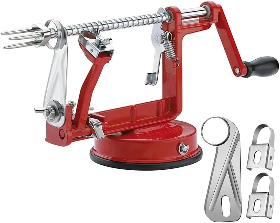 Apple Peeler Corer, Long lasting Chrome Cast Magnesium Alloy Apple Peeler Slicer Corer with Stainless Steel Blades and Powerful Suction Base for Apples and Potato (Red)