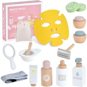 WHOHOLL Wooden Makeup Toy Set, Pretend Beauty Salon Toys Skin Care Learning Toys for Toddler, Daycare Toys Christmas Birthday Gift for 2 3 4 5+ Year Old Girls - Facial Cleanser, Mirror, Face Mask