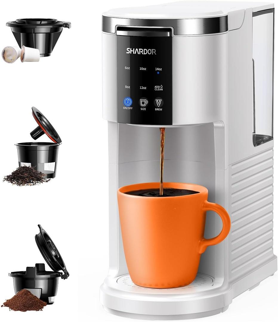 SHARDOR 3 in 1 Coffee Maker, K Cup Coffee Maker Compatible with Ground Coffee & Teas, Single Serve Coffee Machine, 614oz Brew Sizes, 40oz Detachable Water Reservoir, Descale Settings, White