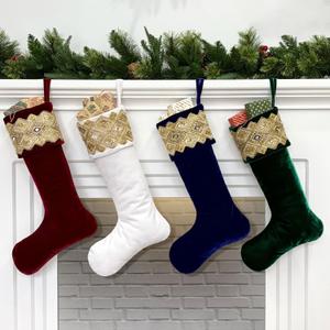 Set of 4 Velvet Christmas Stockings with Gold Glitter Accent Cuff and Microfiber Lining, Oversized 24-Inch, 4-Pack (Burgundy, Ivory, Royal Blue, Forest Green)