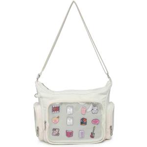 Canvas Ita Bag Crossbody Shoulder Bag Kawaii Purses and Handbags with Anime Pins Display (Beige)