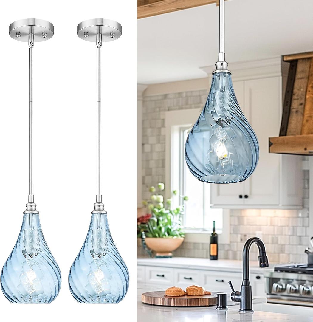 TENGXIN 2 Pack Kitchen Pendant Lighting Over Island 6 Inch,Hanging Pendants Light,Brushed Gold Finished Striped Glass Pendant Light,Farmhouse Pendant Light for Dining Room,Bedroom