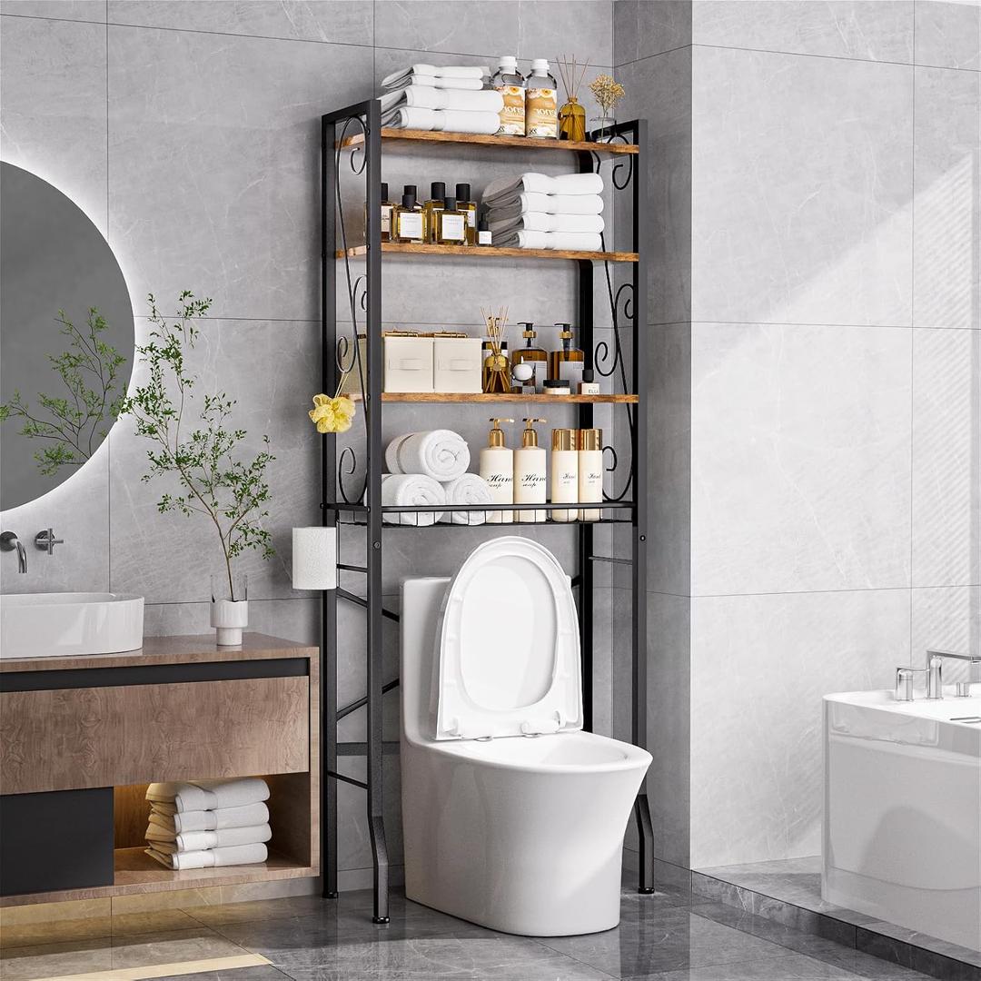 Over-The-Toilet Storage Rack 4-Tier,Bathroom Organizer Shelf Over Toilet,Adjustable Wooden Shelves and Basket,Freestanding Above Toilet Shelf,Space Saver for Rooms(Black Rack-Rustic Brown Shelves), Large