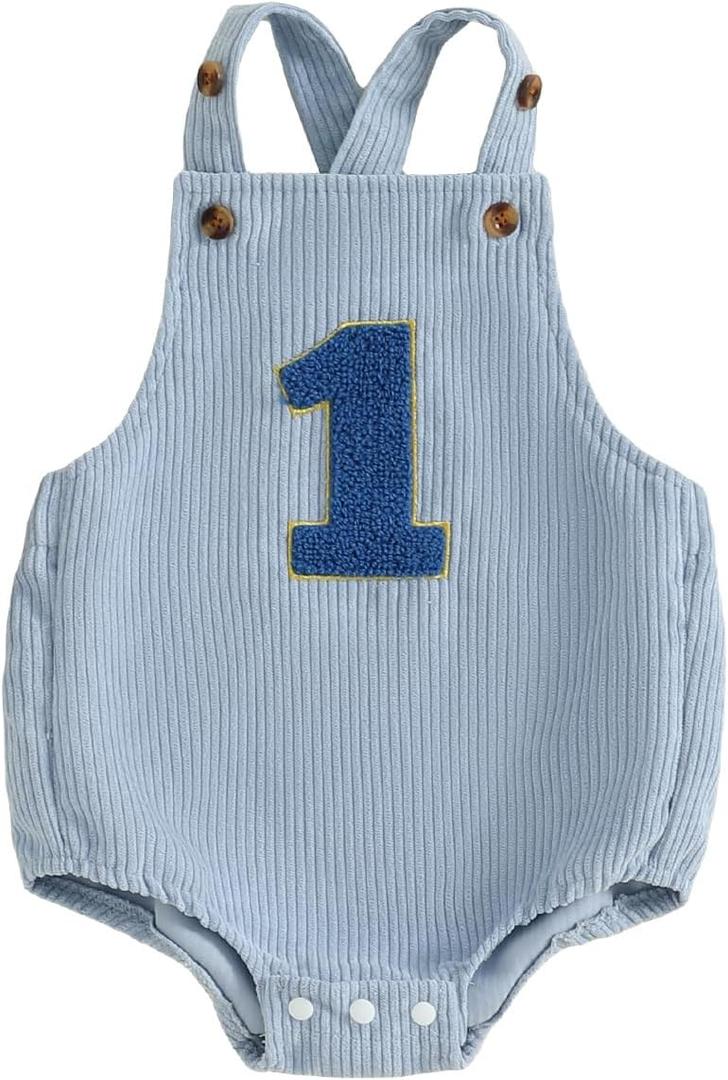 Baby Girl Boy 1st Birthday Clothes One Year Old Bubble Bodysuit Backless Rib Romper Cake Smash Outfits (12-18 Months, Blue)