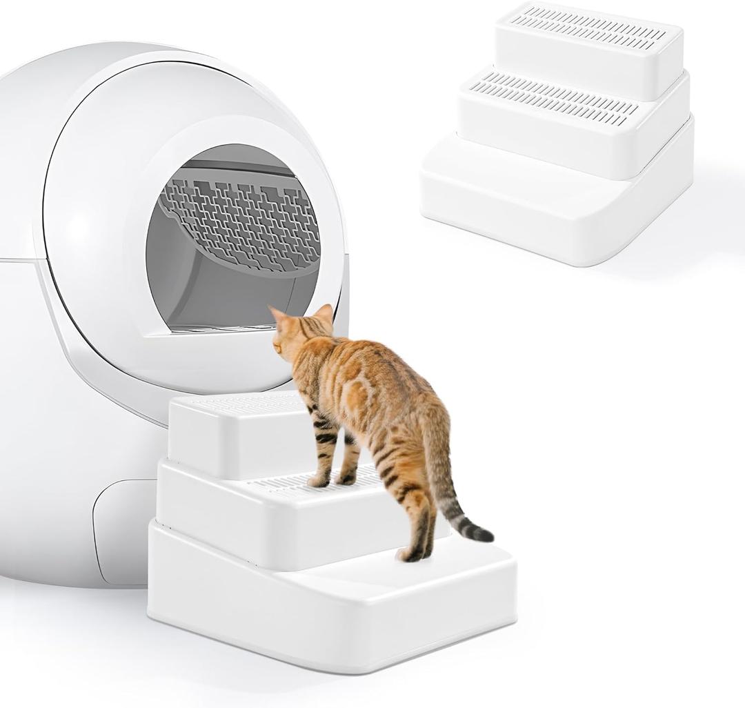 BALAPET Adjustable 3 Steps Litter Box Ramp with Filter Function, Detachable Litter Trapper, Non-Slip Cat Litter Stair for Small & Elderly Cats(White)
