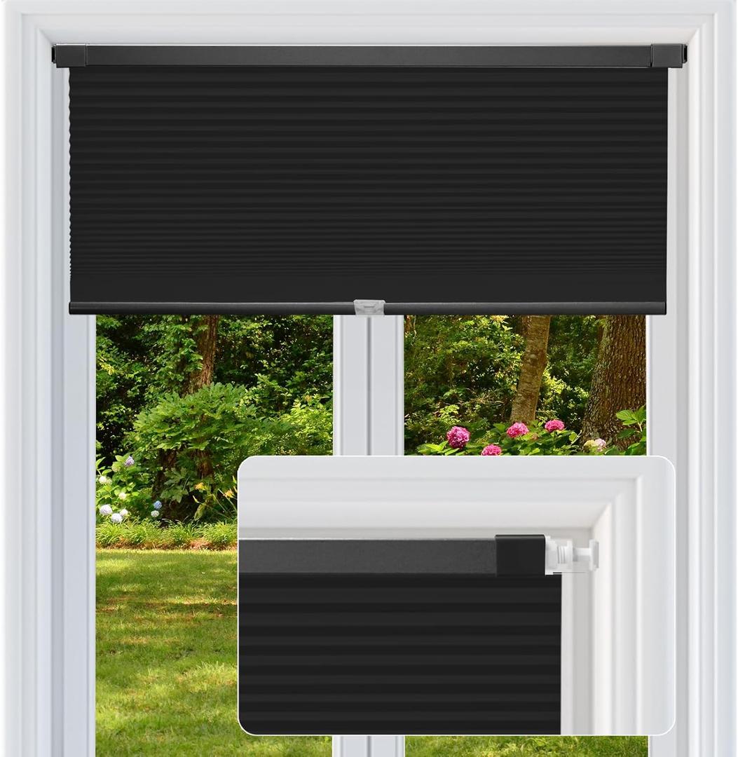 Cordless Cellular Shades, No Drill No Tools Honeycomb Window Blinds, Blackout Light Blocking Cellular Shades for Window, Thermal Insulation Blinds, Easy to Install, Black 30" W x 48" H