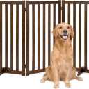 36" Height Extra Tall Freestanding Pet Gate, Solid Wood Folding Safety Fence Wooden Dog Gate with 2 PCs Support Feet Ideal for Stairs, Doorways, Halls, Kitchens, Heavy Duty Gates, 3 Panels, Walnut