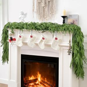 2Pcs Norfolk Pine Garlands, Real Touch Natural Winter Pine Christmas Garland, 6FT Artificial Greenery Garland for Mantle, Wall, Indoor, Outdoor Christmas Decorations Porch Decor